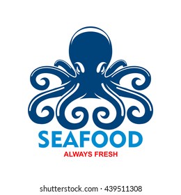 Giant pacific reef octopus icon for seafood badge template for restaurant or cafe menu design usage with blue mollusk with long and curled tentacles