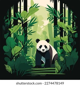 Giant panda in the bamboo forest. Threatened or endangered species animals. Flat vector illustration concept