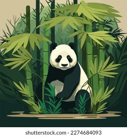 Giant panda in the bamboo forest. Threatened or endangered species animals. Flat vector illustration concept
