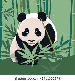 
Panda gigante en el bosque de bambú. Animales de especies amenazados o en peligro de extinción. Ilustración vectorial plana