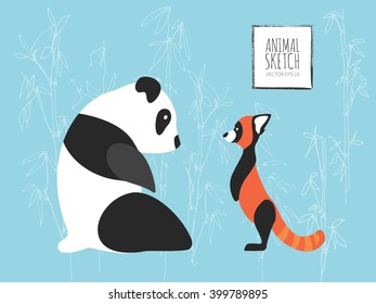 Giant Panda Bear and Small Red Panda with Bamboo background.