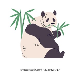 Giant panda eating bamboo leaf. Chinese bear sitting with green food. Wild Asian exotic animal feeding. Tropical jungle nature. Flat vector illustration isolated on white background