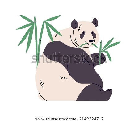 Giant panda eating bamboo leaf. Chinese bear sitting with green food. Wild Asian exotic animal feeding. Tropical jungle nature. Flat vector illustration isolated on white background