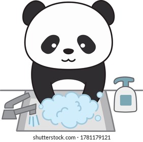 Giant panda hands using wash hand sanitizer. Isolated on white background.