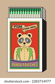 Giant panda. illustration in Matchbox and matches vector illustration. Vintage and antique matchbox packaging design illustration. retro style packaging. old style design. open box and template