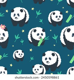 Riesen Panda nahtlose Muster Vektorillustration. Netter Panda, der Bambus auf marineblauem Hintergrund isst