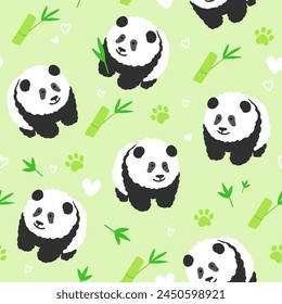 Riesen Panda nahtlose Muster Vektorillustration. Netter Panda mit Bambus auf grünem Hintergrund