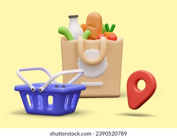 Giant paper bag with food, empty shopping basket, geo tag. Search for stores. App for tracking discounts. Vector realistic composition on yellow background