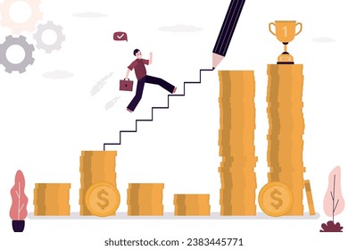 Giant pencil draws ladder on chart, smart businessman running to profit and success. Business support, mentoring. Financial crisis overcome. Business profitability during economic recession or crisis.