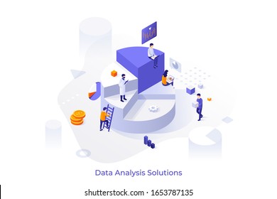 Giant pie diagram and group of analysts working on laptops and analyzing statistical information. Big data analysis solutions, mathematics or statistics research. Modern isometric vector illustration.