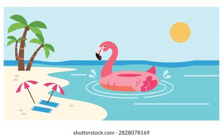 Giant pink flamingo pool float drifting on blue sea near a sandy tropical beach with palm trees and sun umbrellas.