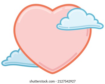 Giant pink heart with clouds around it announcing a lovely and cloudy day. Design in flat style and outlines, isolated over white background.