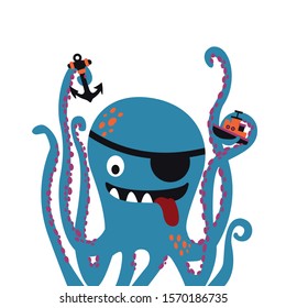 Giant pirate octopus cartoon vector illustration on white background