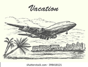 Giant plane landing on tropic island,hand drawn,sketch style,isolated,vector,illustration.