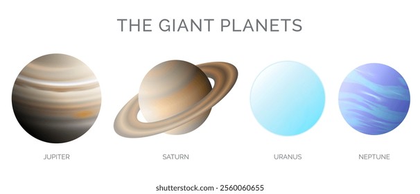  Giant Planets Illustration with Jupiter, Saturn, Uranus and Neptune Planet Isolated on White Background