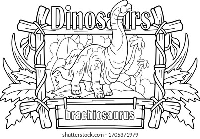 giant prehistoric dinosaur brachiosaurus, coloring book, funny illustration