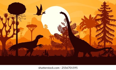 Giant prehistoric dinosaurs silhouettes vector background with trees, mountains and setting sun. Titanosauria, quetzalcoatlus and therizinosaurus dinosaur animal silhouettes in jungle forest at sunset