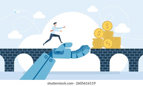 Giant profit and income. Happy businessman trader run to golden coins. AI help businessman make progress.Trading robot with AI help growth revenue and profit. Money management. Vector illustration