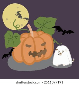 Calabaza gigante con luna llena y murciélago
