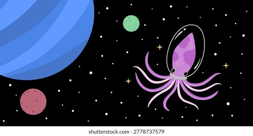 A giant purple octopus in space, surrounded by colorful planets and stars. An alien-like giant octopus.