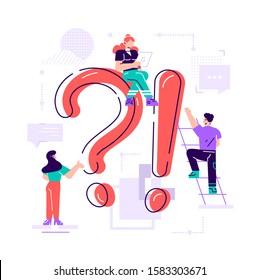 Giant question mark and interrogation point and tiny people. Concept of FAQ, user manual or guide, customer support, search of useful information for problem solving. Flat colored vector illustration
