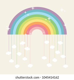 giant rainbow and little clouds with glitters. colorful concept. vector illustration.