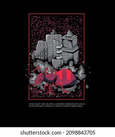 giant red ant, attacking the city center, vector illustration for printing on t-shirts, apparel, merchandise, souvenirs, with textured background and text pad.