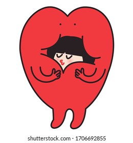 Giant Red Heart Tight Hug The Girl. Love And Care Ownself Feeling Concept Card Character illustration