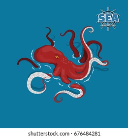 Giant Red Octopus On A Blue Background. Sea Monster Kraken In Cartoon Style. Vector Illustration.