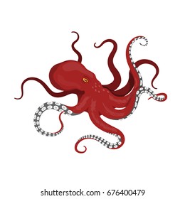 Giant red octopus on a white background. Sea monster kraken in cartoon style. Vector illustration