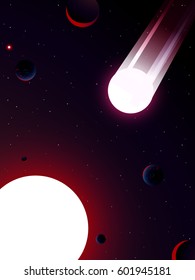 giant red star trail red sun and group of asteroids in universe background
