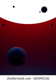giant red sun and blue asteroids in universe background