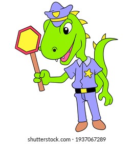 giant reptile dinosaur as traffic cop, vector illustration art. doodle icon image kawaii.