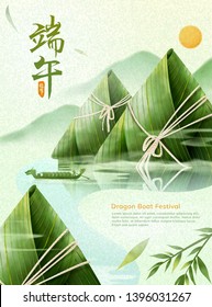 Giant rice dumplings mountain upon the river, dragon boat festival written in Chinese characters