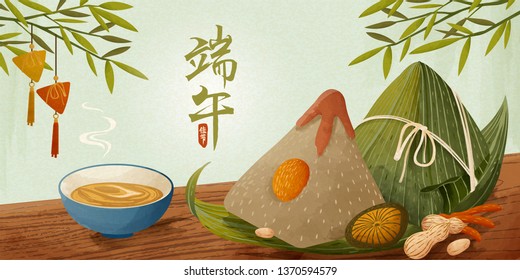 Giant rice dumplings on wooden table banner, Dragon boat festival written in Chinese characters word