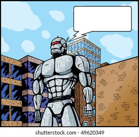 Giant robot in city attacking it or defending it.