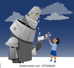 Giant robot crying, little girl comforting it, EPS 8 vector illustration, no transparencies 