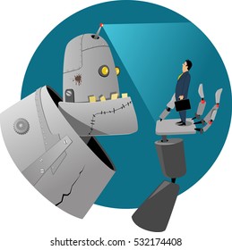 Giant robot examining a businessman standing in the palm of his hand, EPS 8 vector illustration, no transparencies 