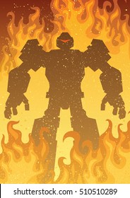 Giant robot in flames. 