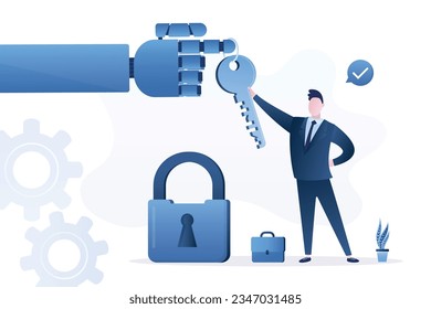 Giant robot hand give key to success. Chat bot helps to achieve victory, open way to goals and improve skills. Chatbot support businessman open lock of problem or overcome obstacles. flat vector