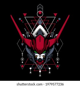 Giant Robot Head Illustration with sacred geometry frame can use for poster, art prints, t-shirt design