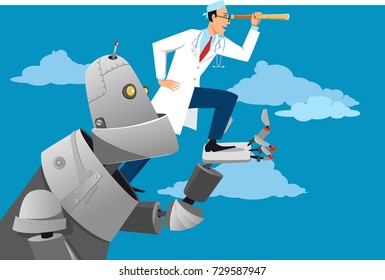 Giant robot helping a doctor looking forward, EPS 8 vector illustration