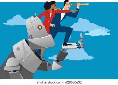 Giant robot holding business people, helping them to look further ahead, EPS 8 vector illustration