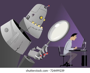 Giant robot with a magnifying glass standing  behind the back of a man, working on his computer, EPS 8 vector illustration, no transparencies