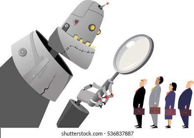 Giant robot manager examining human employees under a magnifying glass, EPS 8 vector illustration