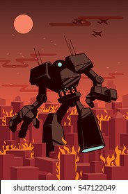 Giant Robot Walking In City. 