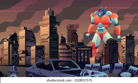 Giant robot walking in city in ruins.