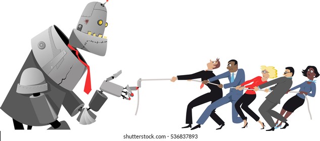 Giant robot winning tug of war with a group of humans, EPS8 vector illustration, no transparencies