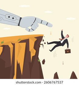 Giant robotic arm kick off unhappy businessman from cliff down, artificial Intelligence replaces employee at work. Chatbot with AI has replaced humans, manager lost job due to robotics. flat vector