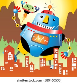 Giant robots attack the city, vector cartoon illustration. Eps 10